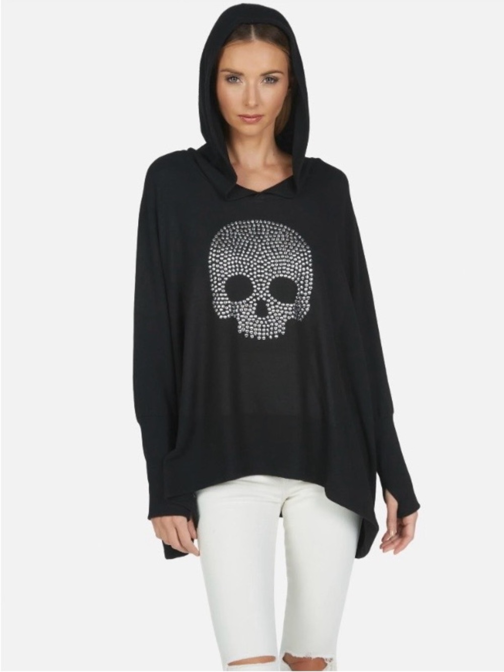 Lauren Moshi/Black Hooded Silver Nailhead Skull Sweater/Pullover/NWT! NEVER WORN
